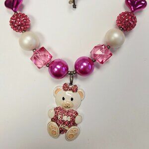 Girls Bubble Chunky Bead Necklace -  Cute rhinestone teddy bear charm